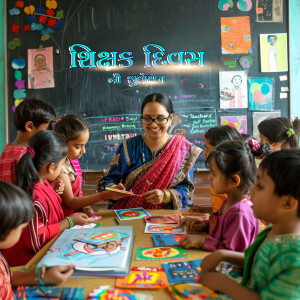 A teacher interacting with students in a classroom decorated for Teacher's Day.