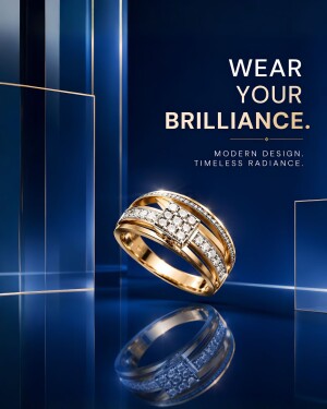 A gold diamond engagement ring centered on a deep blue reflective background with luxury text
