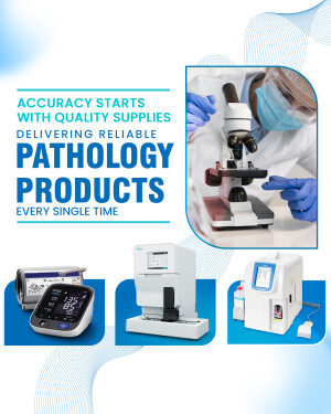 Image showcasing pathology laboratory equipment and supplies with the tagline 'Accuracy Starts with Quality Supplies'