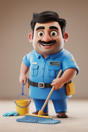 A 3D rendering of a cheerful cartoon janitor holding a mop and bucket.