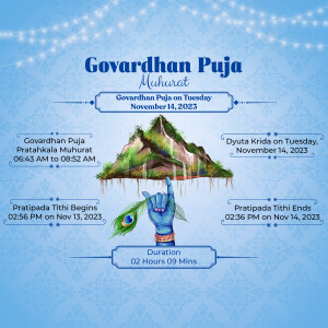 Govardhan Puja 2023 graphic with timings and Govardhan hill illustration