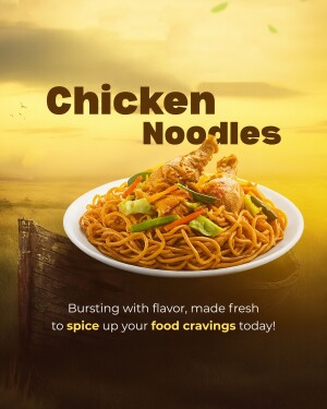 A plate of chicken noodles with vegetables, perfect for a tasty meal.