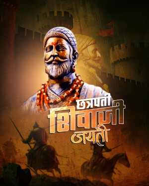 Portrait of Chhatrapati Shivaji Maharaj with a fort background and warriors
