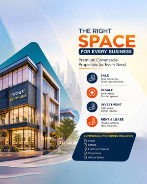 Modern commercial office building advertising retail and office space for rent or sale