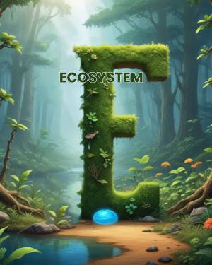 Letter 'E' formed by lush green ecosystem with forest background