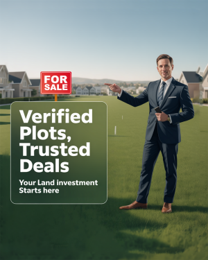 Real estate agent pointing towards houses with a 'For Sale' sign and text promoting verified plots and trusted deals.