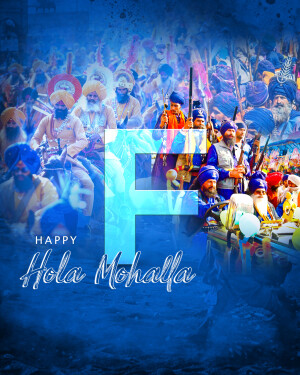 Image depicting a festive Hola Mohalla celebration with a large 'F' overlay.