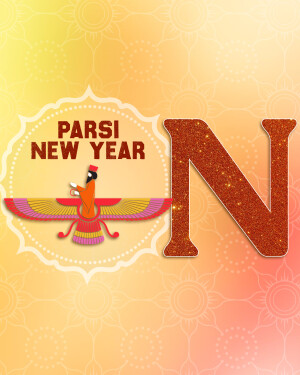 Parsi New Year celebration with a Faravahar symbol and golden text