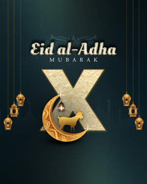 Eid al-Adha Mubarak with crescent moon and goat illustration