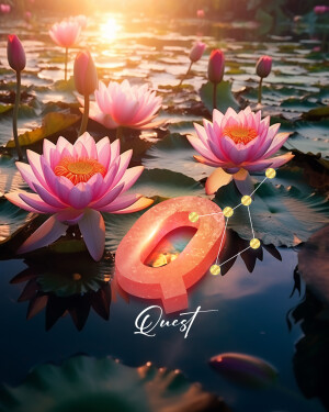 Pink lotus flowers floating on water with a glowing letter Q and a fish