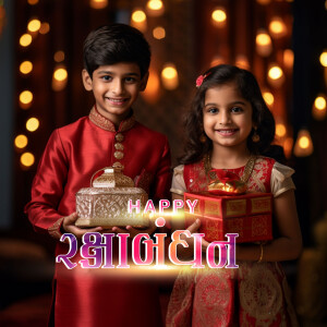 Two Indian children, a boy and a girl, holding gifts and smiling in front of a festive Raksha Bandhan background.