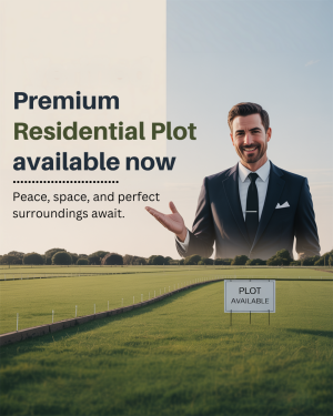 Image of a man presenting a residential plot for sale with a 'Plot Available' sign.