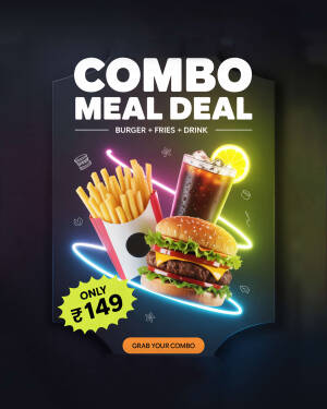 Fast food combo meal deal advertisement with burger, fries, and drink with neon lighting effect
