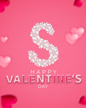 Letter 'S' made of flowers with hearts and Valentine's Day greeting