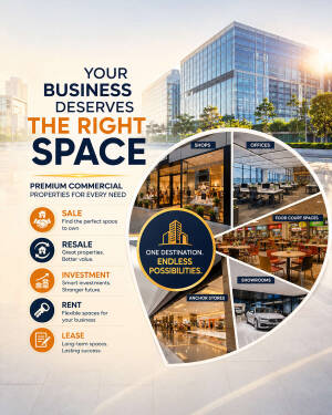 Commercial property advertisement showcasing shops, offices, and showroom spaces for sale, rent, and lease.
