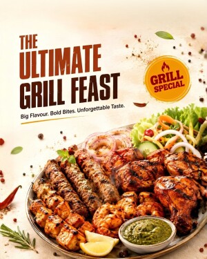 A beautifully plated assortment of grilled meats, seekh kebabs, paneer skewers, and grilled chicken served with fresh salad, lemon wedges, and a bowl of green chutney, labeled with The Ultimate Grill Feast text.