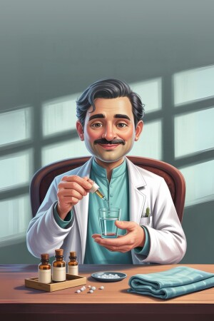 Illustration of a homeopathic doctor holding a dropper over a glass of water with small bottles and pills on a wooden desk.