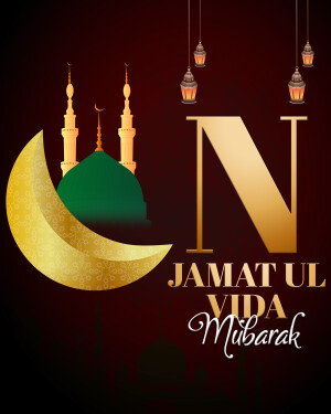 Islamic greeting card with crescent moon, mosque, and text 'Jamat Ul Vida Mubarak'