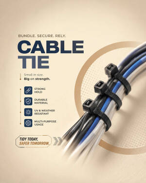 A group of bundled wires secured with multiple black plastic cable ties on a beige background.