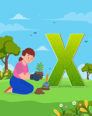 Illustration of a girl planting a seedling with a large green 'X' in the background.