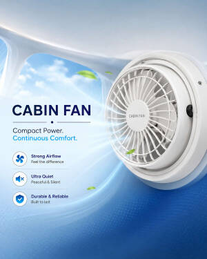 A white round compact cabin fan mounted in a vehicle interior with blue background and airflow visualization
