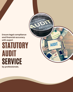 Image depicting a statutory audit service with professionals reviewing documents and using technology.