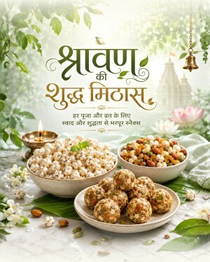 Bowls of traditional Indian festival snacks and ladoos for Shravan festival with decorative temple and diya