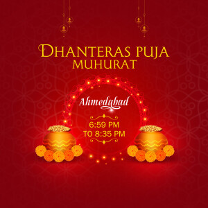 Dhanteras Puja Muhurat for Ahmedabad with time and decorative elements