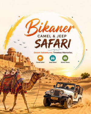 A camel and a jeep traversing the desert landscape near a fort in Bikaner