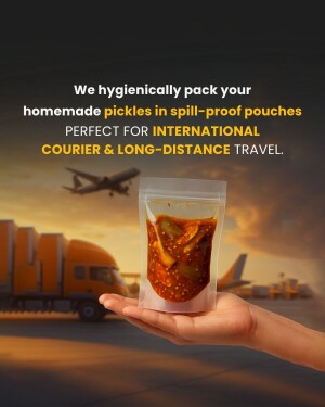 Hand holding a sealed pouch of homemade pickles with a plane and truck in the background, advertising spill-proof packaging for international courier and travel.