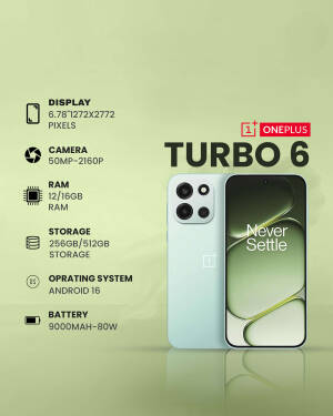 OnePlus Turbo 6 smartphone displaying design and technical specifications on a light green background.