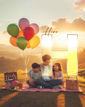 A father with two children sitting on a picnic blanket with balloons and a large letter 'H'.