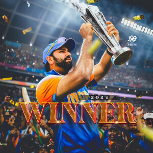 Indian cricket team captain Rohit Sharma lifting the winning trophy with confetti and celebrating fans.