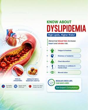An infographic explaining dyslipidemia, showing clogged arteries, heart health, symptoms, and the importance of regular check-ups.