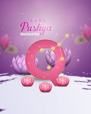 Illustration of the Pushya Nakshatra with lotus flowers and a large letter Q.
