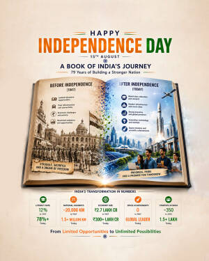 An infographic showing India's progress from 1947 to present day in the form of an open book.