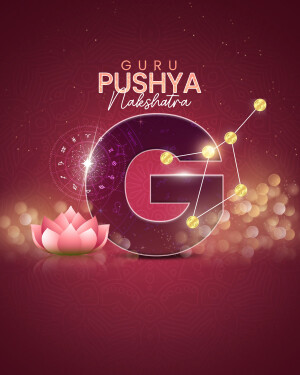 Graphic design featuring the words 'Guru Pushya Nakshatra' with astrological elements and a lotus flower.