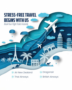 Paper cut style illustration promoting stress-free travel and flight bookings with various landmarks and airline logos.