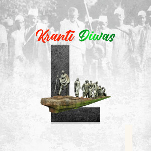 Image depicting Kranti Diwas with a memorial and figures representing the Dandi March.