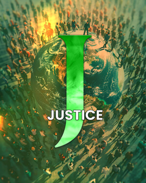 A stylized movie poster for Justice League featuring a large green 'J' over a globe surrounded by silhouettes of people.