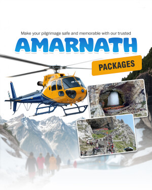 Helicopter flying over the Himalayas with Amarnath cave and pilgrims