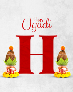 Ugadi festival greeting with coconuts and traditional decorations
