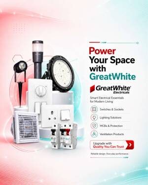 A collection of GreatWhite electrical products including switches, lights, and circuit breakers against a gradient background.