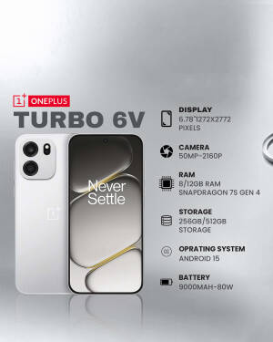 A high-end OnePlus Turbo 6V smartphone displaying key technical specifications on a light gray background.