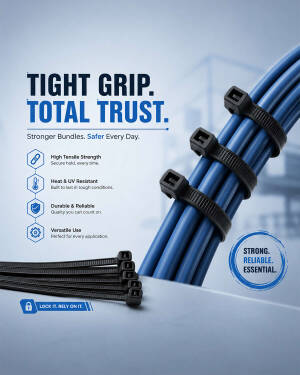 A blue marketing graphic featuring black industrial cable ties bundled around blue cables with the text TIGHT GRIP. TOTAL TRUST.