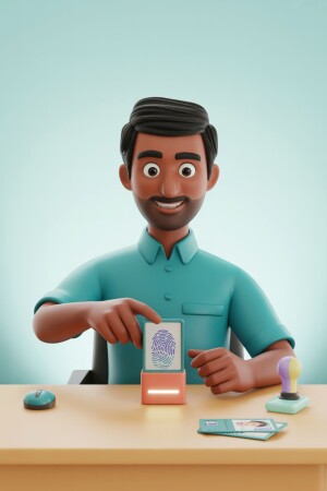 3D illustration of a man verifying his identity with a fingerprint scanner.