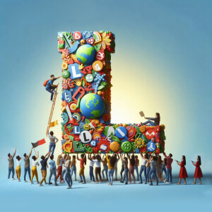 A large letter 'L' constructed from various icons and symbols, with miniature people working on and around it.