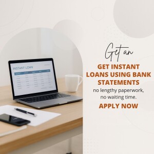 Laptop displaying instant loan application with bank statements, coffee mug, and phone on a desk.