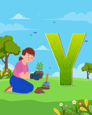 Illustration of the letter Y made of leaves with a girl planting a seedling.