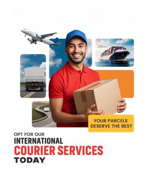 Man holding a package with transportation imagery in the background, promoting international courier services.